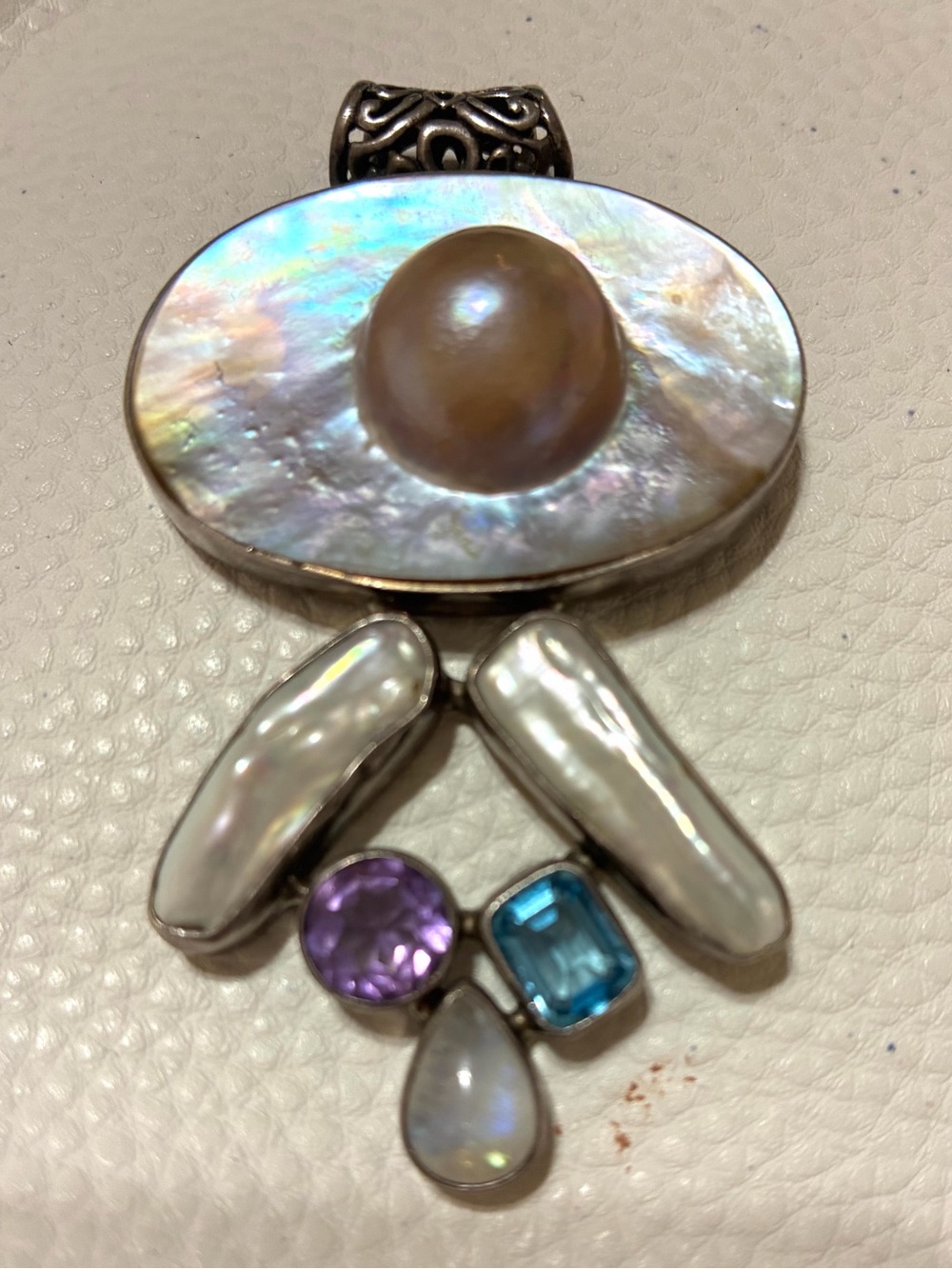 RARE VINTAGE Blister Pearl, SS, Pendant with Amethyst and BlueTopaz - Picture 2 of 2